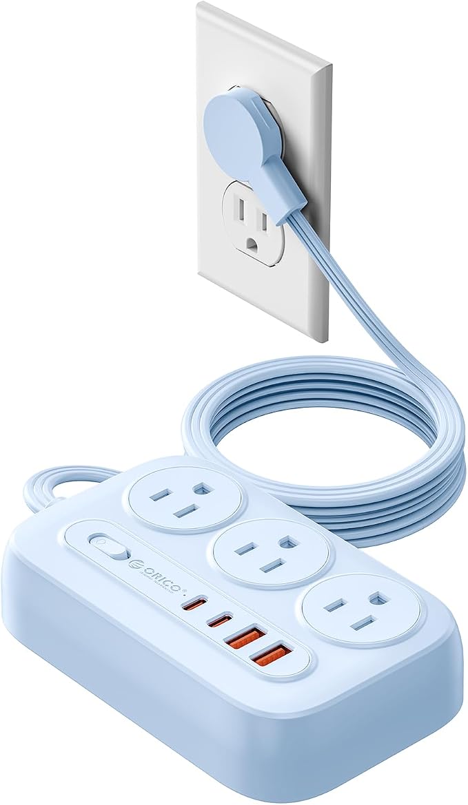 ORICO Surge Protector Power Strip, PD20W Multiple Outlets Extension Cord with 6 AC Outlets and 4 USB Charging Ports (2 USB-C), 45° Flat Plug, 5 Ft Mountable Outlet Extender for Home/Office/Dorm - OG