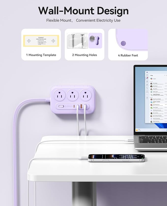 ORICO Surge Protector Power Strip, PD20W Multiple Outlets Extension Cord with 6 AC Outlets and 4 USB Charging Ports (2 USB-C), 45° Flat Plug, 10 Ft Mountable Outlet Extender for Home/Office/Dorm - OG