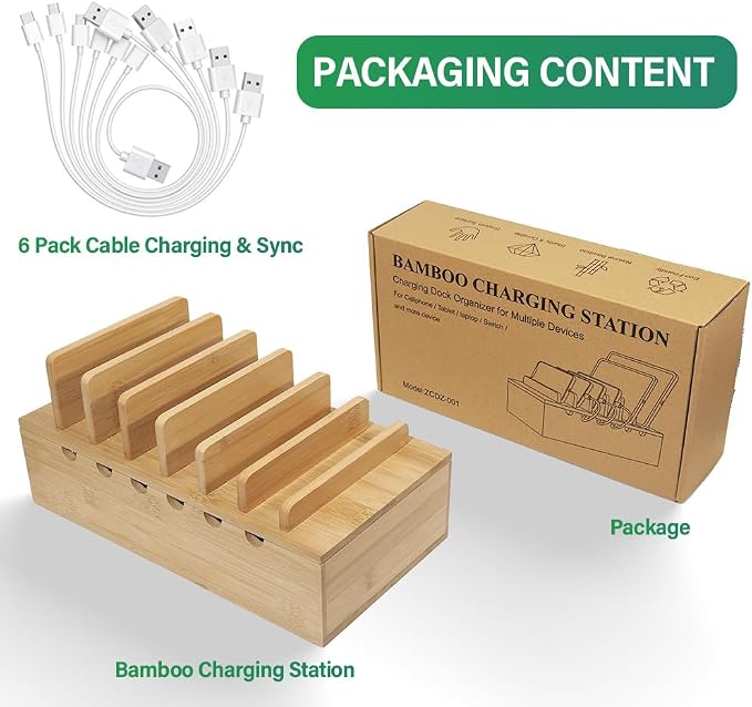 Bamboo Charging Station for Multiple Devices, Desk Docking Stations Organizer Compatible with iPhone Devices, Wood Charging Cell Phone Holder Stand (Includes 6 Cables) (NO Power Supply)