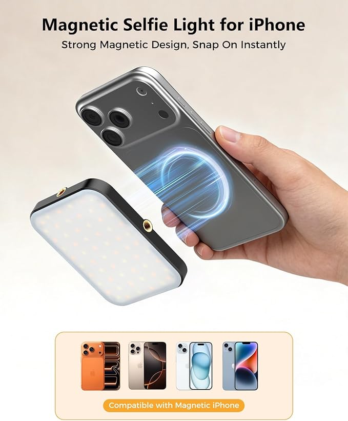 Magnetic Selfie Light for iPhone, Selfies Video Lighting, 6 Lighting Modes, 12 Brightness Levels, Clip, Magnetic or Camera Mount, Ideal for TikTok, Zoom, Makeup, Live Streaming