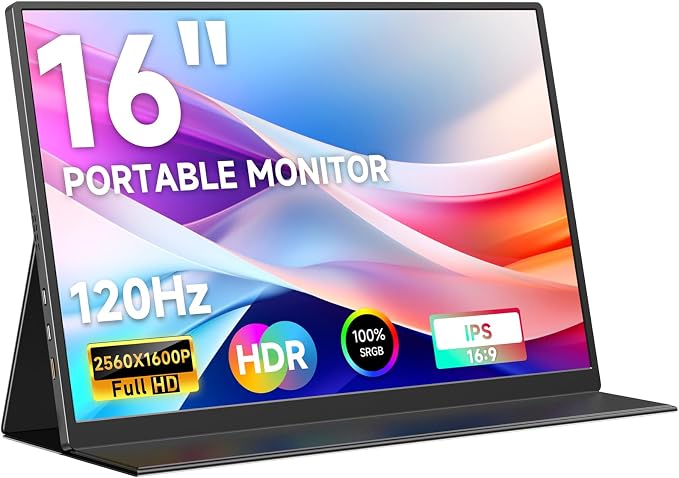 AYY 16" 2.5K 120Hz Portable Monitor, 2560x1600 HDR IPS Display, QHD 100% sRGB, USB-C & HDMI, Eye Care External Second Screen, for Laptop/PC/Phone/PS4/5/Xbox/Switch
