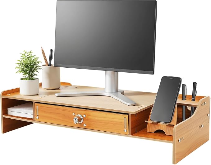 Wooden Monitor Stand for Desk, Monitor Riser Computer Stand Desktop Storage Stand for Computer Monitor Stand with Drawer and Lock Laptop Desktop Organizer for Home Office 19" x 7.9"