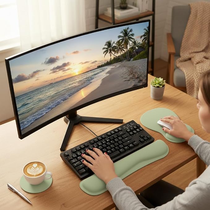 RICHEN Wrist Rest Support for Mouse Pad&Keyboard Set with Coaster,Concave Curved Memory Foam, Non-Slip Base Pain Relief Comfortable Easy Typing Pad for Home/Office (Sage Green)