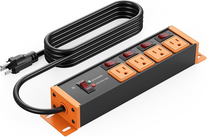 CCCEI Heavy Duty Surge Protector Power Strip 20 Amp Individual Switches. 15FT 12 Gauge Extension Cord with Multiple Outlets. Kitchen, Garage, Shop, Industrial Wall Mount Electric Extender, Orange.