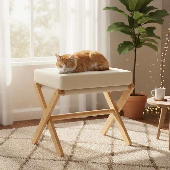 BAMBOOHOMIE Foldable Foot Stool Ottoman, Modern Foot Rest with Bamboo X Legs & Thick Foam Cushion, Folding Foot Stools Small Padded for Bedroom Living Room, Footstool for Chair Couch (Natural - Beige)