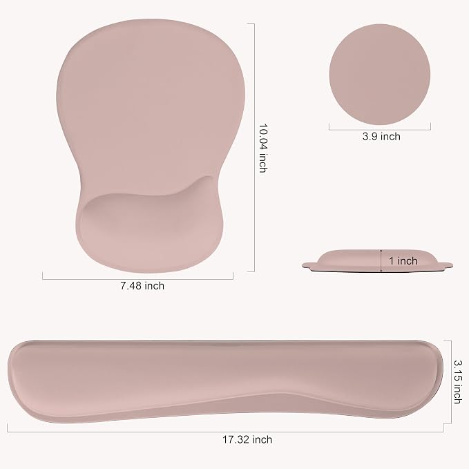 RICHEN Wrist Rest Support for Mouse Pad&Keyboard Set with Coaster,Concave Curved Memory Foam, Non-Slip Base Pain Relief Comfortable Easy Typing Pad for Home/Office (Lycra Pink)
