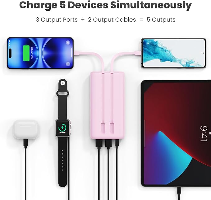 Portable Charger 40,800mAh Power Bank 25W Portable Battery Pack with 2 Built in Cables [2026 Upgraded], PD QC4.0 Fast Charging Portable Phone Charger Compatible with iPhone 17/16,Android Samsung-Pink