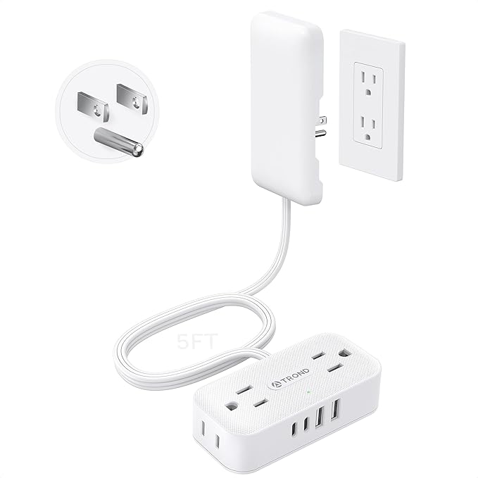 TROND 5FT Flat Extension Cord with Ultra-Thin Outlet Cover, Flat Wall Plug Power Strip with 4 AC 4 USB Ports, Hidden Outlet Extender for Tight Spaces, 10A/1250W, 900J Surge Protection, White