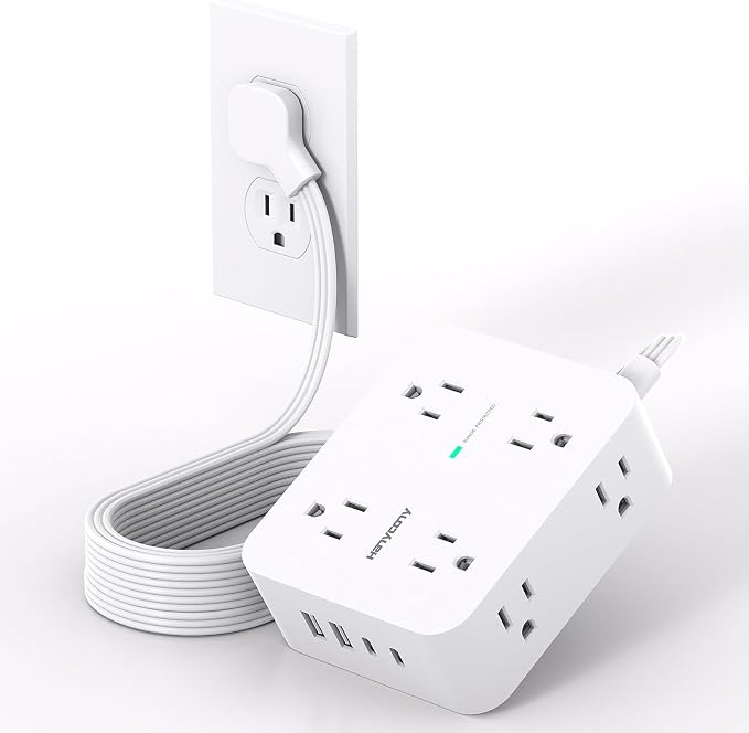Extension Cord 10 Ft, Ultra Thin Flat Plug Power Strip Surge Protector with 8 Outlets 4 USB Ports (2 USB C), HANYCONY Outlet Extender Desk Charging Station for Home Office Dorm Room Essentials