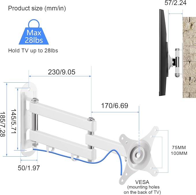 Suptek TV Wall Mount Swivel Tilt Rotation Full Motion Adjustable Articulating for Most 15-32 inch LED, LCD Monitor Wall Mount VESA 75,100, White (MA2720W)