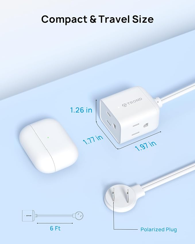TROND Indoor 2 Prong to 3 Prong Extension Cord - Polarized Flat Plug 3 Outlet Extension 6ft, 16 Gauge Cable, 1625W for Non-Ground Socket in Old House School Home Office Kitchen Travel, White