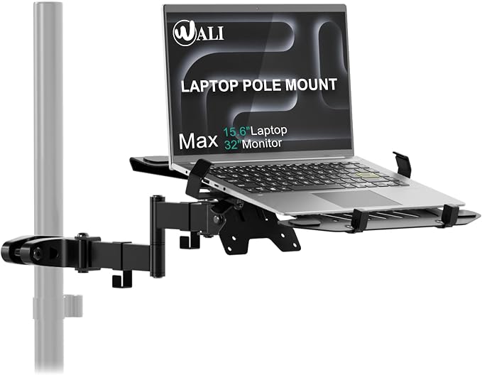 WALI Laptop Pole Mount, Adjustable Laptop Arm Holder Fits 10"-15.6" Laptops, 2-in-1 Full Motion Monitor Mount with Removable Tray, VESA 75x75 or 100x100 mm, Holds up to 15.4lbs(011ARMLPN), Black
