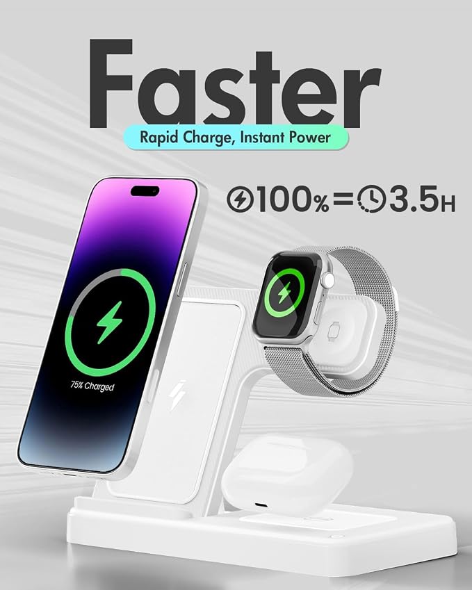 Wireless Charger Stand Charging Station: 3 in 1 Charger Stand Multiple Devices for Apple - iPhone 17 16e 16 15 14 Pro Max 13 12 - Watch 11 10 9 8 7 6 5 4 3 2 SE and Ultra Series-Airpods 4 3 Pro, White