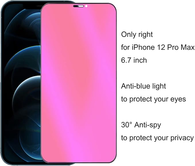 2 Pack Anti-Blue Privacy Tempered Glass Suit for iPhone 12 Pro Max Mirror Anti-Spy Screen Protector Anti-Peeping Film Electroplated Gradient Colorful 9H Hardness Anti-scratch 6.7 inch