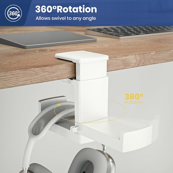 Dual Headphone Stand Holder - EURPMASK 2 in 1 PC Gaming Headset Hooks, 360 Degree Rotating Headphone Hanger with Adjustable Clamp & Cable Clip Organizer, Headset Mount Under Desk Earphone Clamp-White
