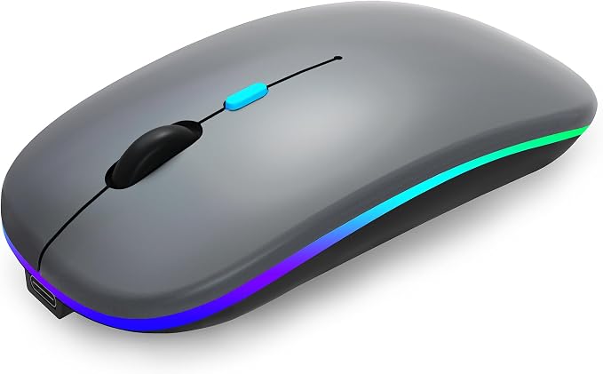 AIKOKOK Wireless Bluetooth Mouse, Rechargeable, Dual Mode Bluetooth 5.2 & 2.4G USB, LED Lights, Slim, Silent, Portable Computer Mouse for Laptop, PC, MacBook, iPad, Tablet (Grey)