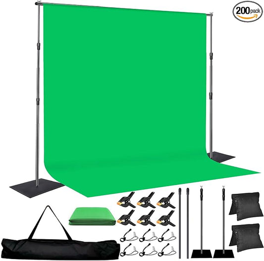 Green Screen Backdrop Kit, 8x10ft Metal Base Photo Studio Support System, Adjustable Backdrop Frame for Photography, Streaming, Weddings, Projector Screen, Tool-Free Setup & Portable Carry Bag