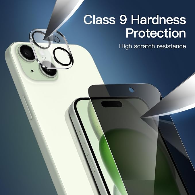 NEW'C 3x Privacy for iPhone 15 Plus Screen Protector (6.7 inches)+ 3x Camera Lens Protector, Sensor Protection, Case Friendly Tempered Glass Film + Dust Plug - Easy installation tool included