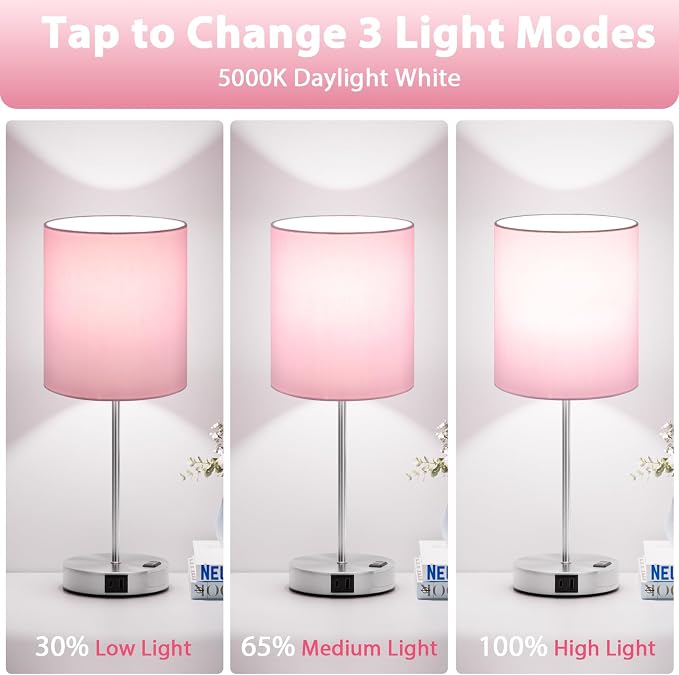 Pink Touch Lamps for Nightstand Set of 2 - Bedside Table Lamp for Bedroom with Dual USB Ports & AC Outlet, 3-Way Dimmable Lamps for Living Room Boys Room, Night Light with 5000K Daylight Bulbs