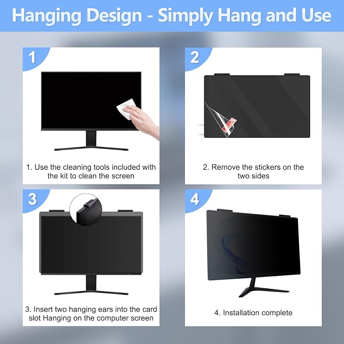 [2-Pack] 24 Inch Privacy Screen for Computer Monitor Privacy Screen Hanging Removable 16:9 Aspect Ratio, Anti Spy Anti Glare Blue Light, No Adhesive Easy Install 24in Computer Screen Privacy Shield