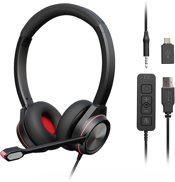 USB Headset with Microphone for PC, 3.5mm & USB A/Type C Wired Computer Headset, Corded PC Headphone with Noise Cancelling Mic, Office Headphones for Business Call Center Teams Laptop