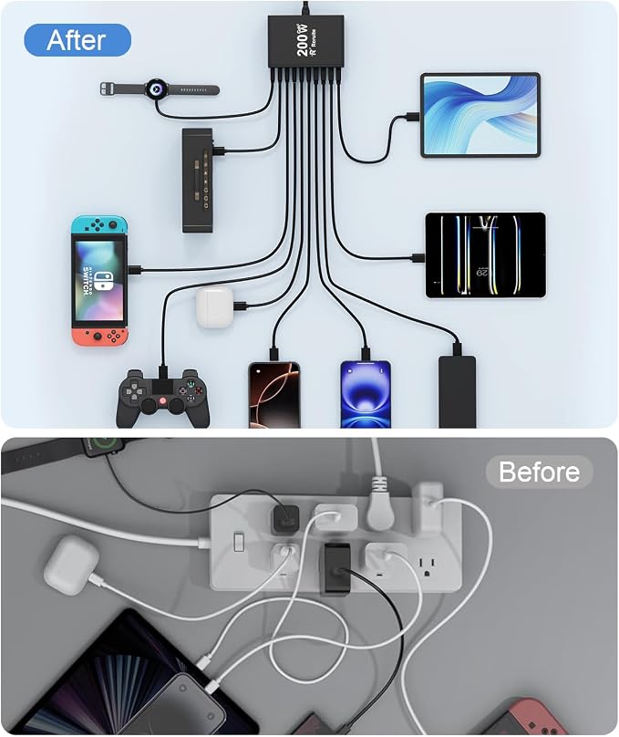 USB C Charging Station 10 Port with 4 Cables,200W GaN Type C Charger Block,Wall Charger Power Strip Adapter Plug for iPad iPhone17 16 15 14 13 12 Pro Max Pixel Note Galaxy