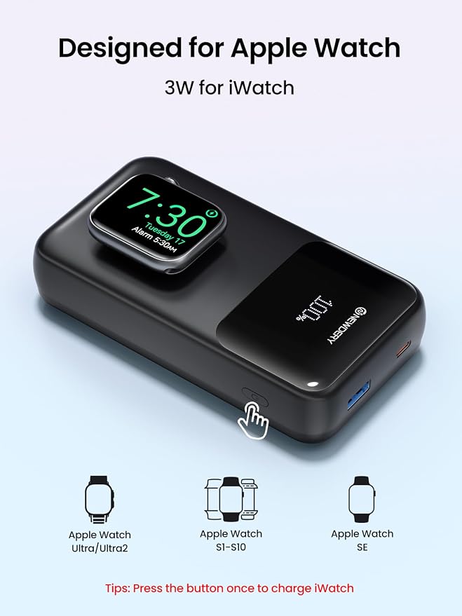 NEWDERY 5-in-1 Portable Charger 20000mAh Power Bank for Apple Watch/iPhone, PD 20W Fast Charging with LED Display, Built-in 2 Cables, Travel Battery Pack Compatible with iWatch, iPad, Samsung