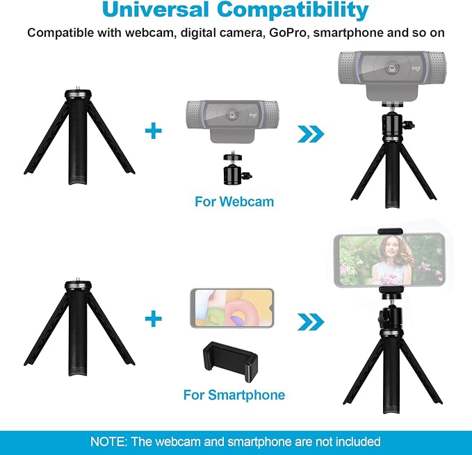 NexiGo Lightweight Mini Tripod for Camera/Phone/Webcam, Extendable Stand, for NexiGo Logitech Webcam C920 C922 C925e C922x C930e C930 C615 Brio and Other Lightweight Devices with 1/4" Thread