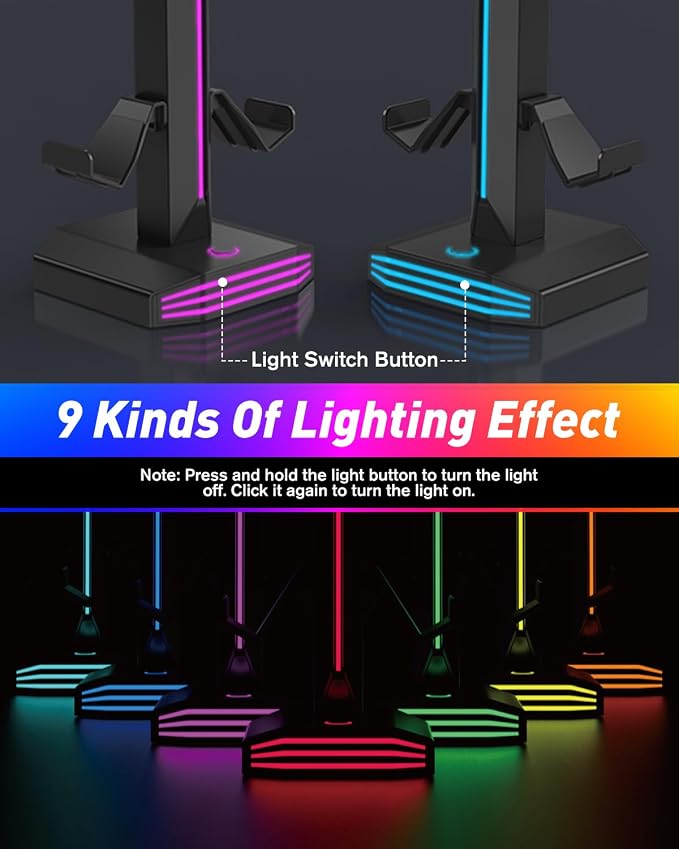 FINTIE RGB Headphone Stand, Gaming Controller Holder for Desk with 9 Lighting Modes, USB/Type-C Charging Ports, Headset Stand Earphone Hanger Accessories for Desktop