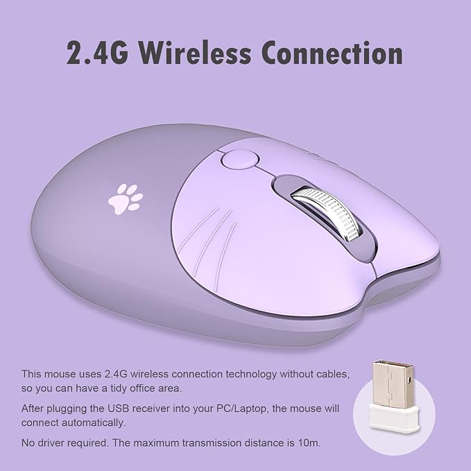 Lomiluskr Cute Cat Wireless Mouse, Lightweight Soundless Mice, 2.4G Wireless Mice, Candy Colors, Kawaii Mouse for Girls and Kids (Purple)