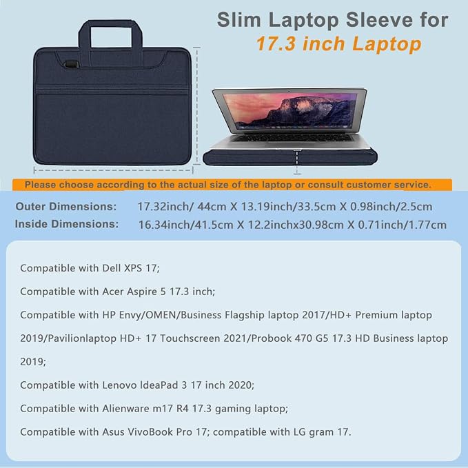 Laptop Shoulder Bag 17.3 inch Case, Durable Shockproof Protective Briefcase with Multi-Pockets Compatible with Most 17-17.3 inch HP Acer Dell Lenovo ASUS MSI Notebooks,Blue