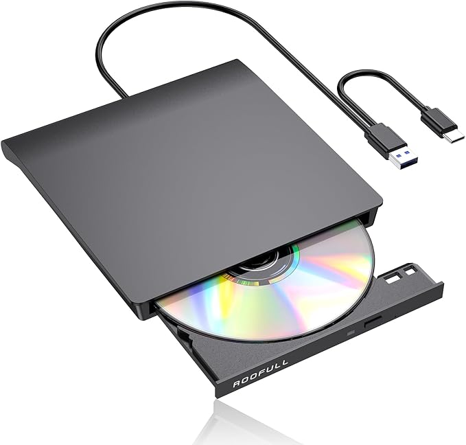 ROOFULL External CD DVD Drive with Extra Power Cable for Laptop, Ultra Slim USB 3.0 Type-C Portable CD DVD Optical Disc Drive Reader Writer Burner Player for PC MacBook Windows 11/10/7 Mac Linux OS
