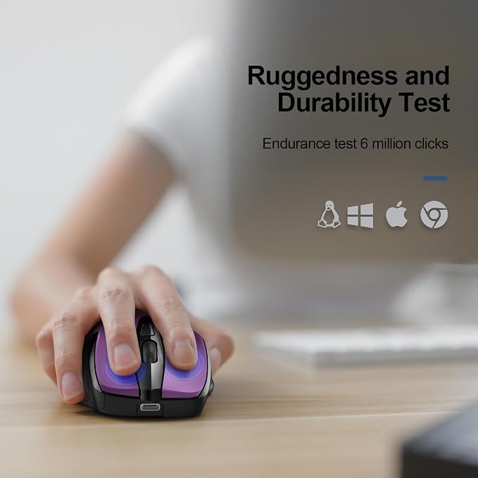TECKNET Wireless Mouse Rechargeable, 2.4G USB-A Silent Mouse, Quiet Click, 6 Adjustable 4800 DPI, Cordless Computer Mice, Ergonomic Mice for Laptop, 6 Buttons for Chromebook, Ergo Grip - Purple