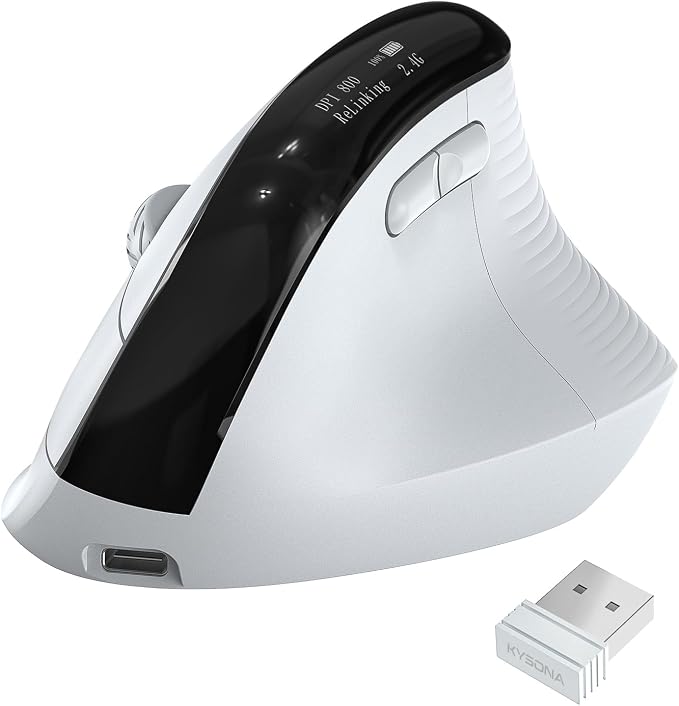 Wireless Ergonomic Mouse with Screen，Bluetooth Vertical Mouse Rechargeable, Quiet Clicks, USB Ergo Design Cordless Mice Compatible for Windows, PC, Laptop, Mac OS, White