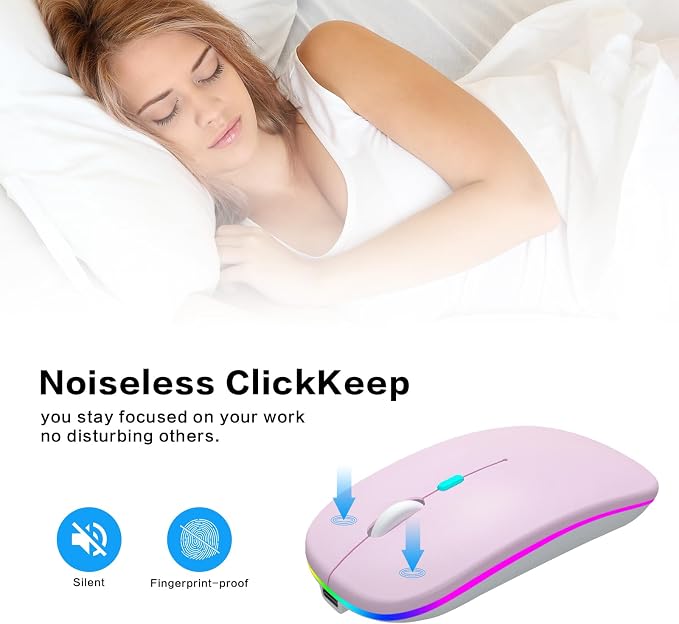 AIKOKOK Wireless Bluetooth Mouse, Rechargeable, Dual Mode Bluetooth 5.2 & 2.4G USB, LED Lights, Slim, Silent, Portable Computer Mouse for Laptop, PC, MacBook, iPad, Tablet (Pink)