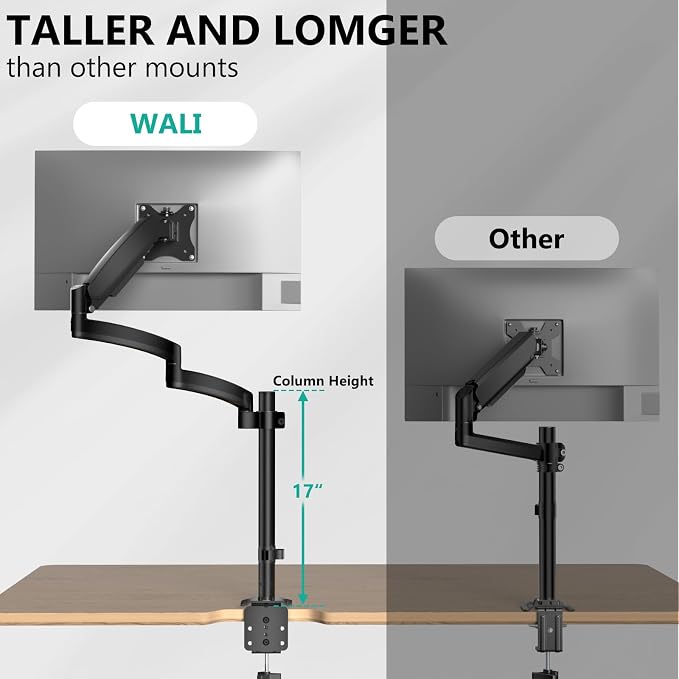 WALI Single Long Monitor Arm - Computer Monitor Arm Desk Mount for 13-32 inch, Hold up to 19.8lbs, Extra Long Adjustable Stand, Full Motion Tall Arm, VESA 75/100mm, (GSDM001L)