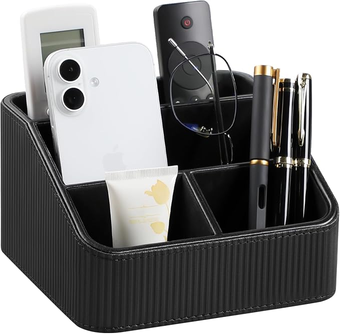 Remote Control Holder with 4 Compartments, PU Leather Small Nightstand Organizer for Home Desk Accessories Office Supplies, Multifunctional Stylish Small Bedside Desktop Organizers (Black)