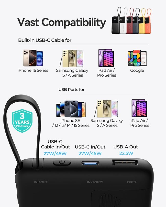 INIU 45W Power Bank, Slimmest 10000mAh Portable Charger with Built in USB-C Cable, Fast Charging USB C in&Out Battery Pack, Travel External Phone Charger for iPhone 17 16 15 Samsung S24 S23 Google etc