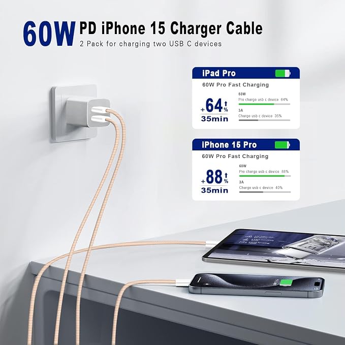 Long USB C to C Fast Charger Cable 10ft,60W Type C to C Fast Charging Cord for Apple iPhone 16 Pro Max/16/15 Plus/15/MacBook Pro 2021/2020/2019/2018,iPad 12.9/11 inch/Mini/Air 5/Samsung Galaxy Orange