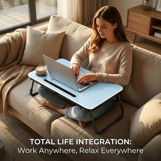 BUYIFY Foldable Laptop Bed Desk for Couch, Sofa - Large Lap Desk Tray Table with Cup Holder and Tablet Slot - Portable Notebook Stand for Eating, Writing, Studying and WFH-Light Blue-DZZ004