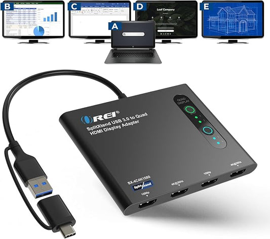 OREI SplitExtend HDMI Splitter Extended Display for Quad Monitor - Laptop Multiple Monitor Adapter with 4 Displays - USB-C to HDMI Adapter, 2X 4K@30Hz & 2X 1080p - Drivers Required - Windows/Mac