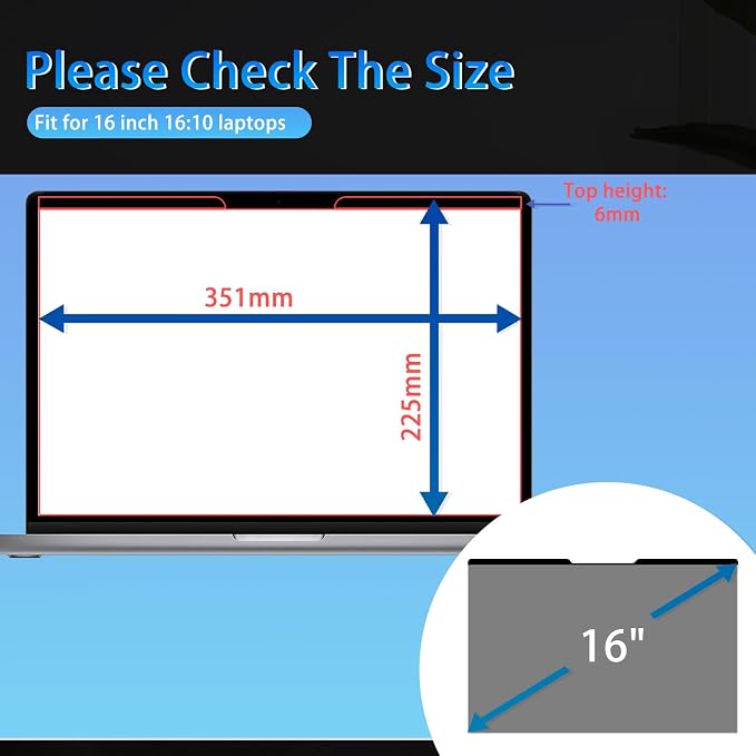 Magnetic Privacy Screen 16" 16:10 for Laptops - 2-Sided Removable Anti-Peeping/Anti-Glare, Blue Light Block, UV Protect, Reduce Strain, Fits Chromebook/Lenovo/HP/Dell/Acer/ASUS/XPS