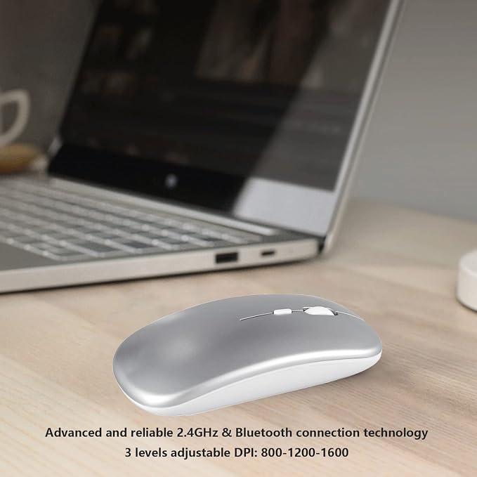 Wireless Bluetooth Mouse for Apple iPad iPhone MacBook Android Samsung Tablet Phone Dual-Mode Rechargeable 2.4G Portable Computer Mice for Windows Laptop Notebook PC Mac Desktop USB Receiver (Silver)