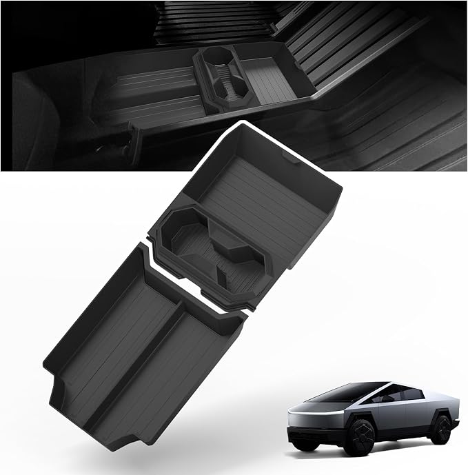 Tesla Cybertruck Floor Lower Tray - Custom Fit Storage Tray with Cup Holders, Anti-Slip, Waterproof TPE, Multi-Compartment Organizer for 2024+ Cybertruck, Center Console Compatible