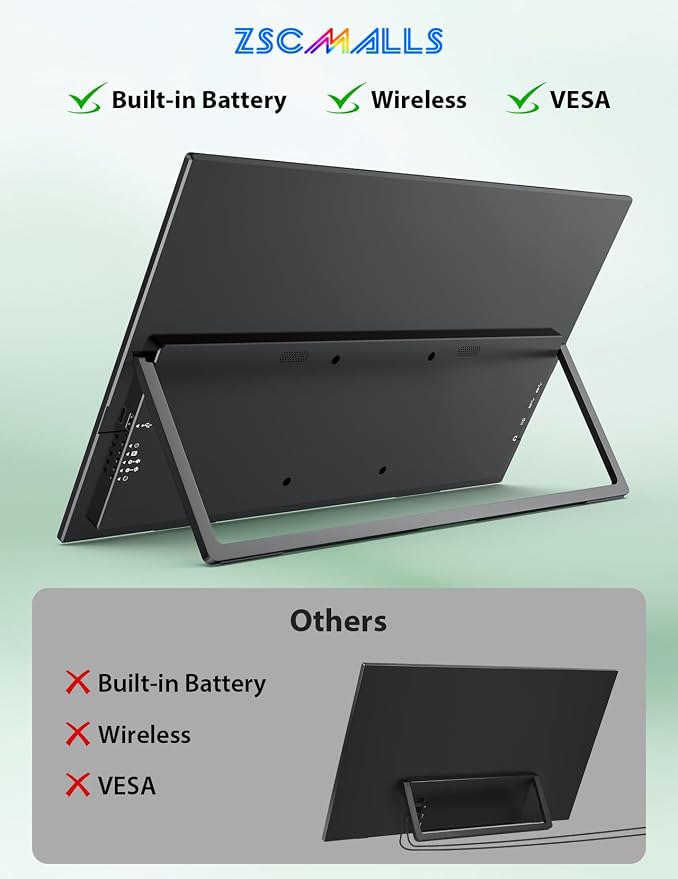 ZSCMALLS 23.8 Inch Wireless Portable Monitor with Built‑in Battery, 1080P FHD IPS Display, AirPlay & Miracast Screen Casting, No App Needed, USB‑C DP Alt Mode & HDMI, VESA