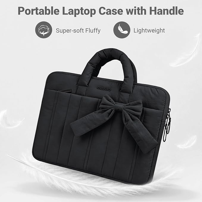 MOSISO Laptop Case 13.3 inch, 13-13.3 inch Puffy Laptop Sleeve Compatible with MacBook Neo/Air 13.6 M5 M4 M3 M2 M1/Pro 13/14, HP Dell ASUS Lenovo, Rectangle Quilted Carrying Bag with Bow&Handle, Black