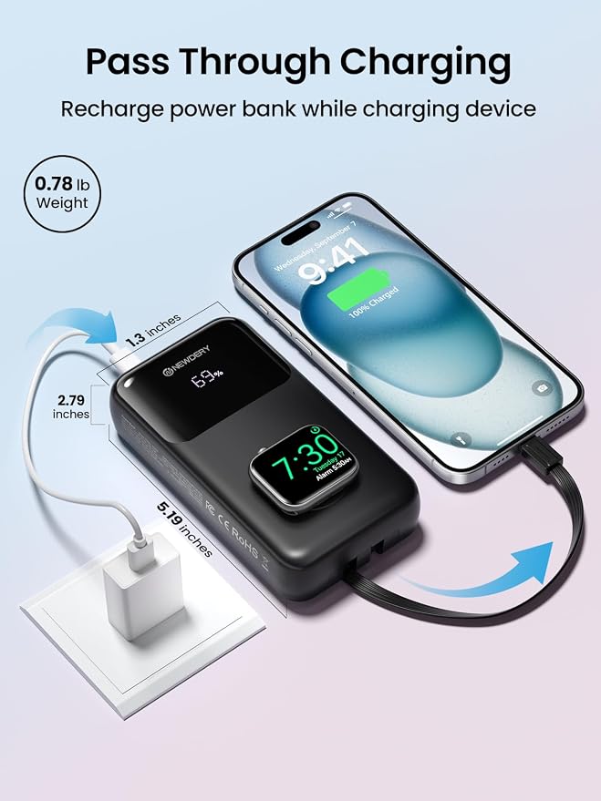 NEWDERY 5-in-1 Portable Charger 20000mAh Power Bank for Apple Watch/iPhone, PD 20W Fast Charging with LED Display, Built-in 2 Cables, Travel Battery Pack Compatible with iWatch, iPad, Samsung