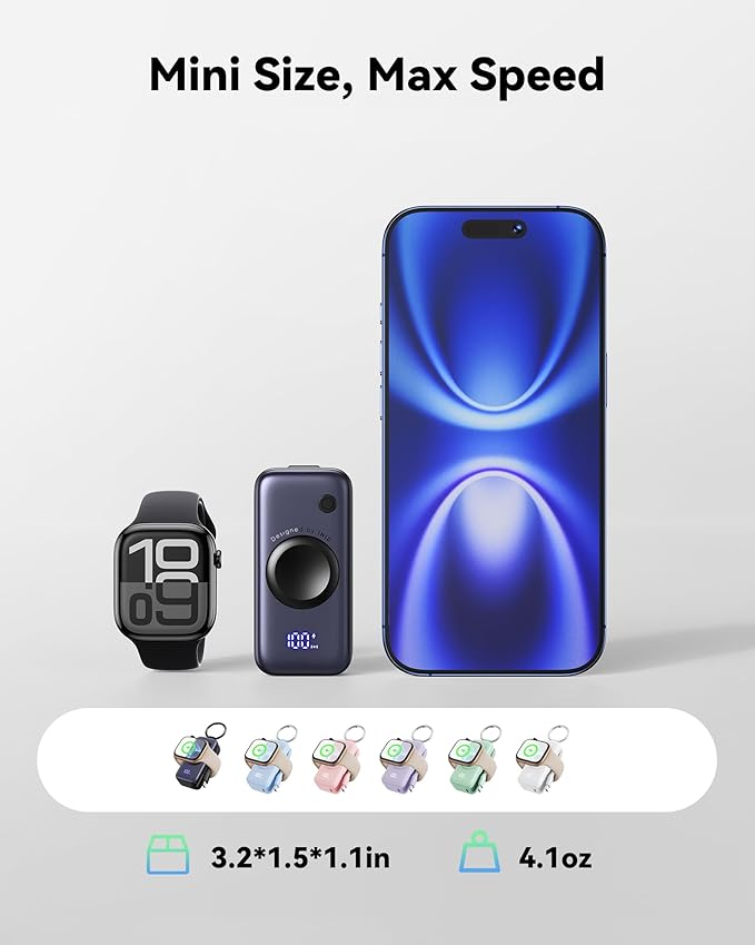 INIU SnapGo Portable Charger, Mini Power Bank for Apple Watch & Phone, 5000mAh 20W Fast Charging Battery Pack with Built-in USB C Cable, Flight-Safe Keychain, for Apple Watch iPhone 17 16 Samsung etc