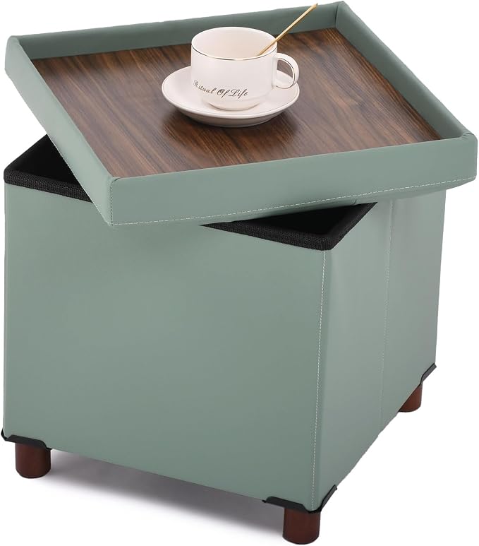 Dorriss Storage Ottoman, Ottoman with Storage for Living Room Square Ottoman with Tray Lid Bedroom Storage Footstool Cube Small Ottomans Foot Rest Stool with Legs Foldable Faxu Leather 15" Inches