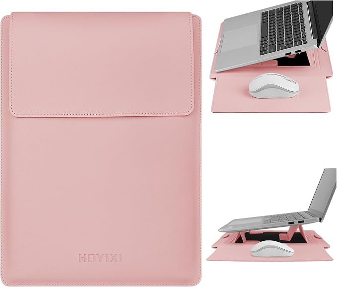 HoYiXi 13.3'' /13.6'' Laptop Sleeve Case PU Leather with Stand Compatible with MacBook Pro 14/MacBook Air 13(M1 M2)/ASUS Vivobook 14/Dell XPS 13/ASUS Matebook,13-14'' Laptop Bag,Pink